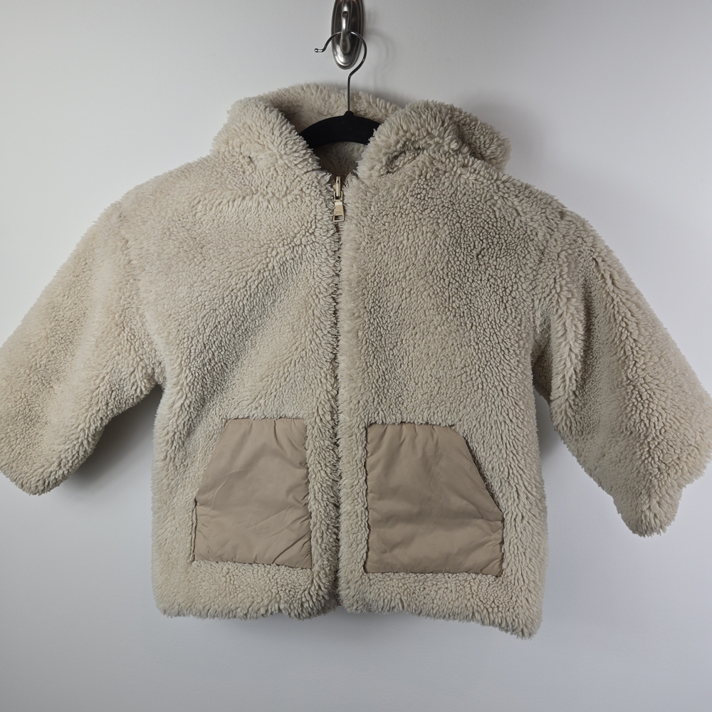 Zara Kids Cream Teddy Reversible Hooded Jacket with Tan Pockets 4-5 Y